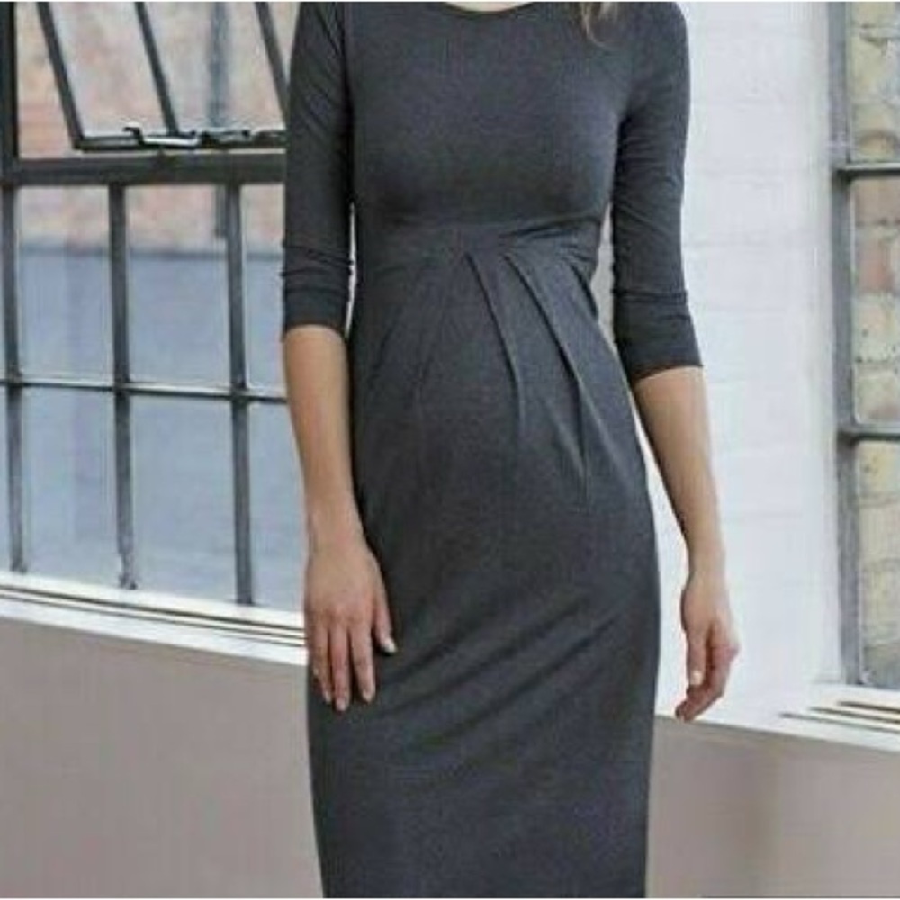 Isabella Oliver Maternity Dress Charcoal Grey Pleated Empire Waist Midi Size 10‎